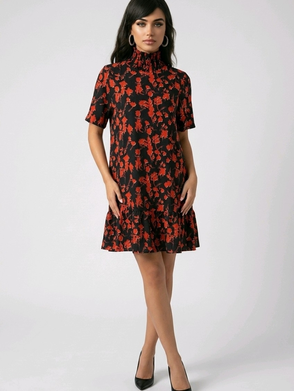 NWT Zara Black & Red Floral Baby doll Dress Sz Small
